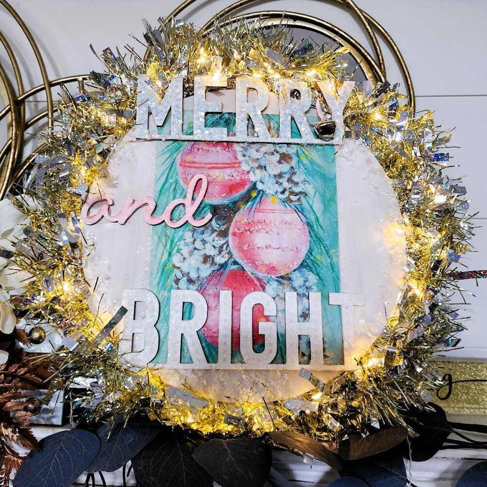 Nostalgic Pastel Retro Wreath with Tinsel trim and dewdrop fairy string lights